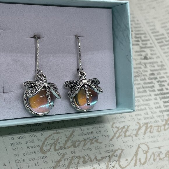 Silver plate Iridescent Dragonfly Wire Opal Earrings Fall Gift Mom Birthday Wife - Picture 7 of 16